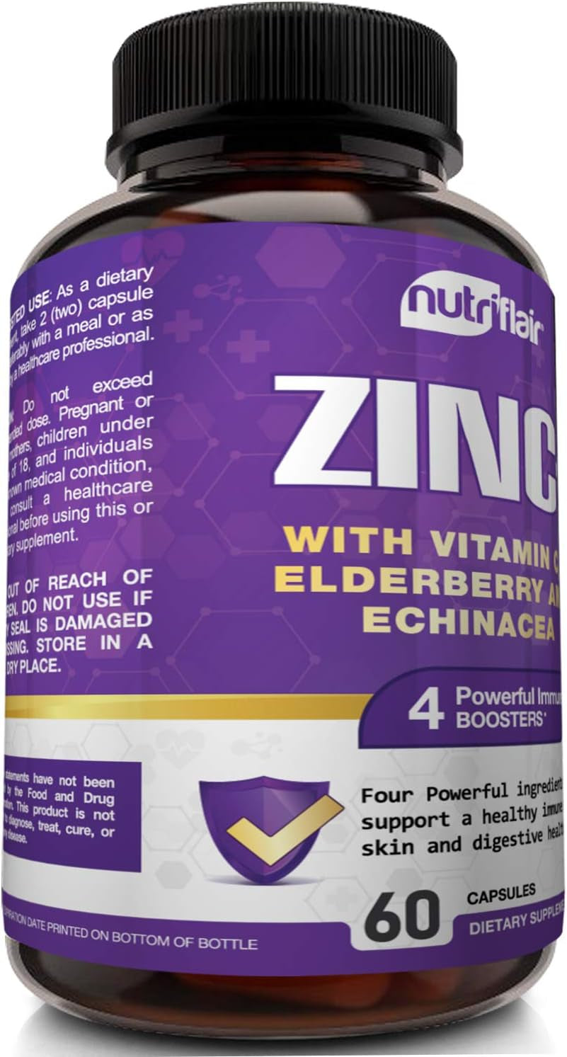 "Boost Your Immune System with Nutriflair Zinc 50Mg - Enhanced with Vitamin C, Elderberry, and Echinacea Purpurea Extract - The Ultimate Immune Support Formula with 4 Powerful Defense Ingredients!"